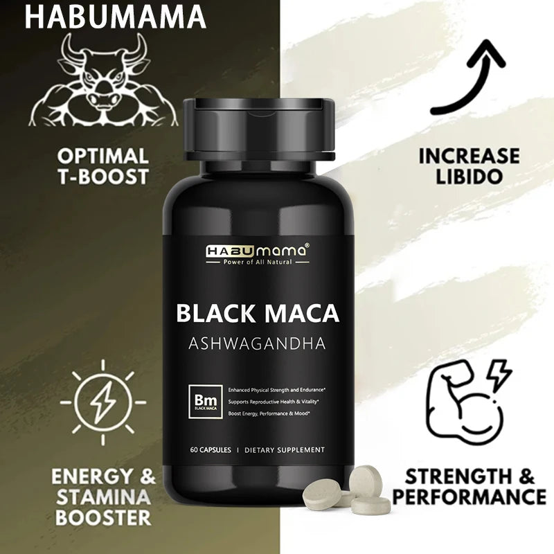 Male Enhancing Black Maca Capsules, Men's Supplements to Boost Stamina, Performance, Energy, Men's Muscle Enlargement