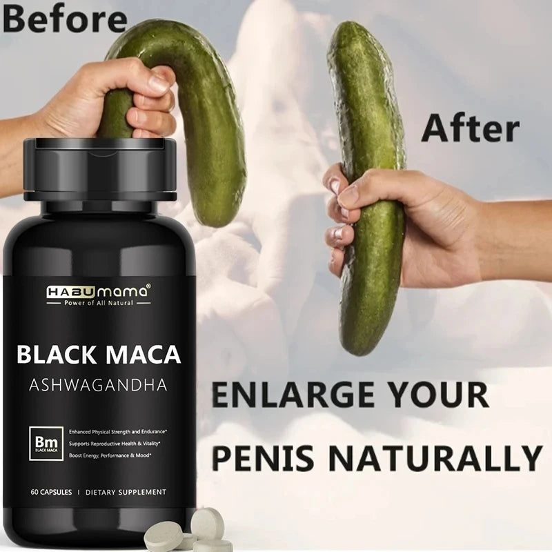 Male Enhancing Black Maca Capsules, Men's Supplements to Boost Stamina, Performance, Energy, Men's Muscle Enlargement